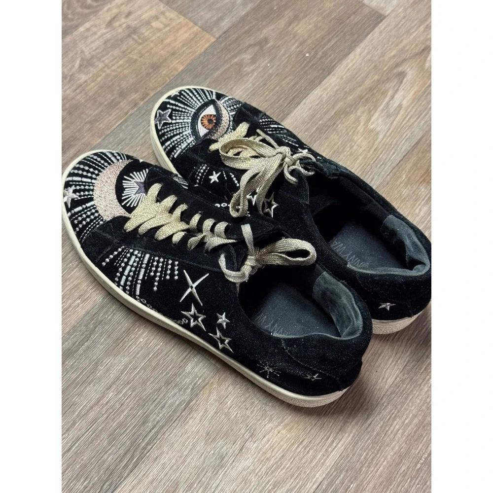 Johnny Was Black Suede Celestial Embroidered Sneakers Evil Eye Womens 7